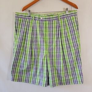 FAIRWAY & GREENE Men's Green White Purple Plaid Golf Short Sz W38 Pocket Cotton